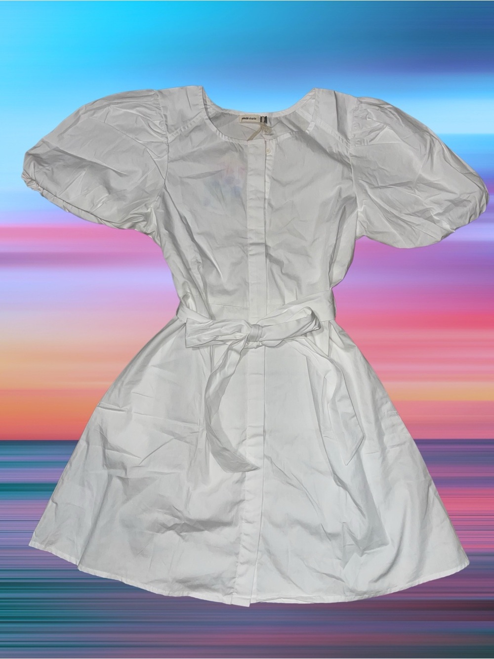 🆕#313~Maude Paula Dress in White with Puff-Sleeve Tie-Waist Dress, Med